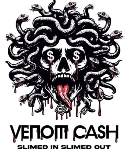 Logo with a skull and snakes design, featuring the text 'Venom Cash'.
